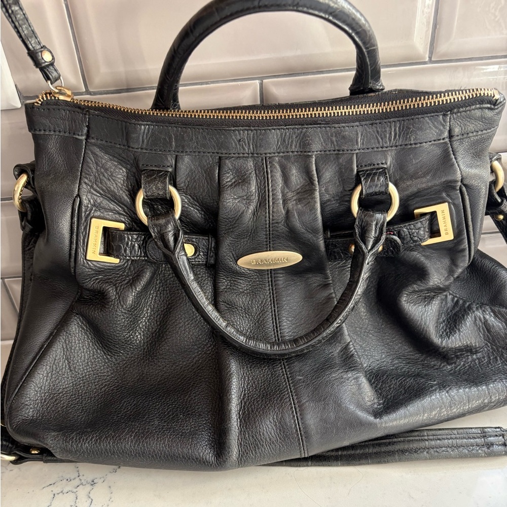 Brahmin Black Leather Pebble Croc Embossed Shoulder Tote Bag Gold Double Handles